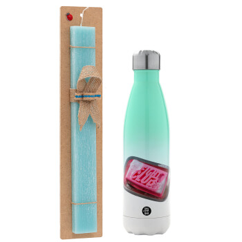 Fight Club, Easter Set, Metallic green/white thermos (Stainless steel), double-walled, 500ml & scented flat Easter candle (30cm) (TURQUOISE)