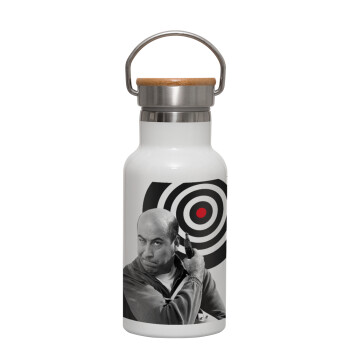 Θου Βου Φαλακρός Πράκτωρ, Metallic thermos (Stainless steel) White with wooden lid (bamboo), double-walled, 350ml