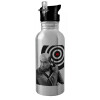 Water bottle Silver with straw, stainless steel 600ml