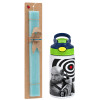 Easter Set, Children's thermal stainless steel bottle with safety straw, green/blue (350ml) & aromatic flat Easter candle (30cm) (TURQUOISE)