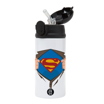 Superman hands, Children's hot water bottle, stainless steel, with safety straw, Black (360ml) BPA-FREE