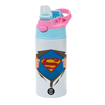 Superman hands, Children's hot water bottle, stainless steel, with safety straw, Pink/BlueCiel (360ml) BPA FREE