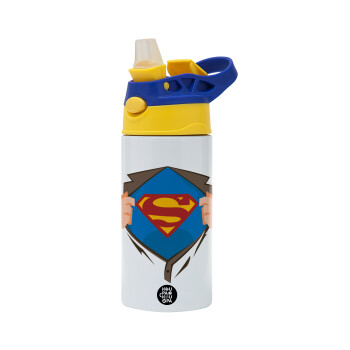 Superman hands, Children's hot water bottle, stainless steel, with safety straw, green, blue (360ml) BPA FREE