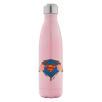 Superman hands, Metal mug thermos Pink Iridiscent (Stainless steel), double wall, 500ml