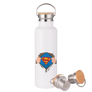 Superman hands, Stainless steel White with wooden lid (bamboo), double wall, 750ml