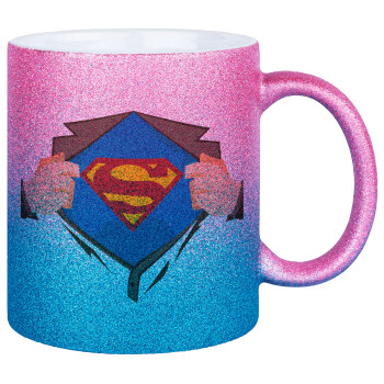 Superman hands, Κούπα Χρυσή/Μπλε Glitter, κεραμική, 330ml