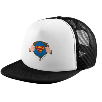 Superman hands, Adult Soft Trucker Hat with Black/White Mesh (POLYESTER, ADULT, UNISEX, ONE SIZE)