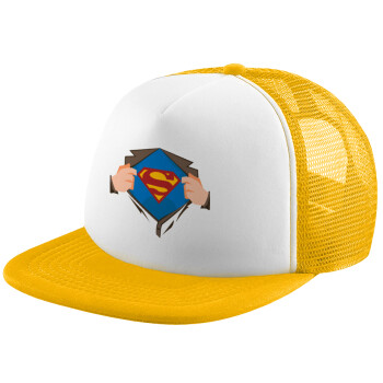 Superman hands, Adult Soft Trucker Hat with Yellow/White Mesh (POLYESTER, ADULT, UNISEX, ONE SIZE)