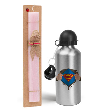 Superman hands, Easter Set, metallic Silver aluminum water bottle (500ml) & scented flat Easter candle (30cm) (PINK)