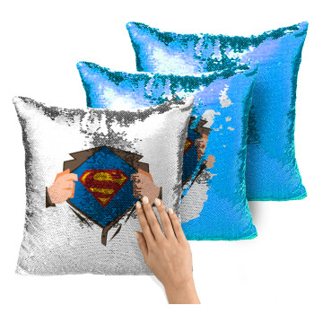 Superman hands, Μαξιλάρι καναπέ Μαγικό Μπλε με πούλιες 40x40cm περιέχεται το γέμισμα