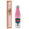 Easter Set, Metallic pink/white (Stainless steel) thermos, double-walled, 500ml & aromatic flat Easter candle (30cm) (PINK)