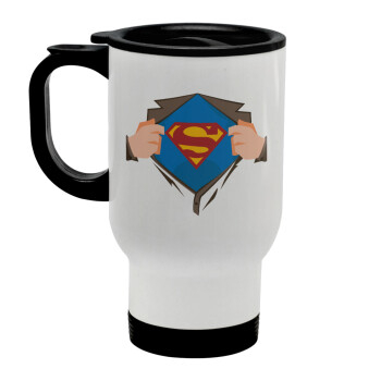 Superman hands, Stainless steel travel mug with lid, double wall white 450ml