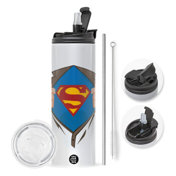 Superman hands, Travel Tumbler θερμό με διπλό καπάκι, μεταλλικό καλαμάκι και βούρτσα καθαρισμού (Ανωξείδωτο 304 Food grade, BPA free, 600ml)