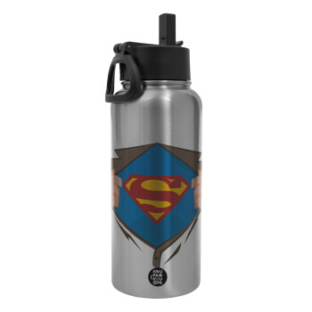 Superman hands, Metal mug thermo Silver with Straw and Spout Lid (Stainless steel), double wall, 950ml