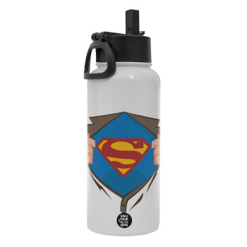 Superman hands, Metal mug thermo White with Straw and Spout Lid (Stainless steel), double wall, 950ml