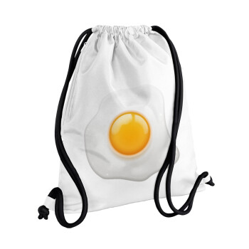 Fry egg, Backpack pouch GYMBAG white, with pocket (40x48cm) & thick cords