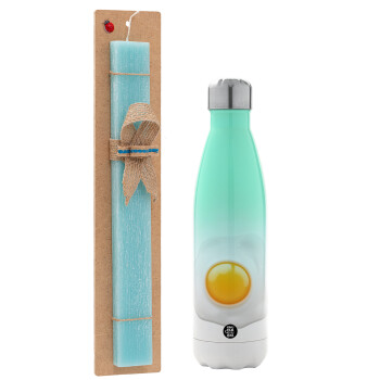 Fry egg, Easter Set, Metallic green/white thermos (Stainless steel), double-walled, 500ml & scented flat Easter candle (30cm) (TURQUOISE)