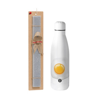 Fry egg, Easter Set, metallic stainless thermos bottle (500ml) & scented flat Easter candle (30cm) (GRAY)