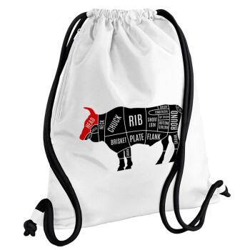 Diagrams for butcher shop, Τσάντα πλάτης πουγκί GYMBAG λευκή, με τσέπη (40x48cm) & χονδρά κορδόνια