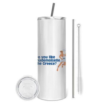 Do you like mademoiselle the Greece, Eco friendly ποτήρι θερμό (tumbler) από ανοξείδωτο ατσάλι 600ml, με μεταλλικό καλαμάκι & βούρτσα καθαρισμού