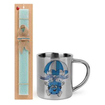 Ζήτω η Ελλάς, ζήτω το Έθνος!, Easter Set, metallic thermal cup (300ml) & aromatic flat Easter candle (30cm) (TURQUOISE)