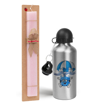 Ζήτω η Ελλάς, ζήτω το Έθνος!, Easter Set, metallic Silver aluminum water bottle (500ml) & scented flat Easter candle (30cm) (PINK)