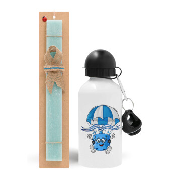 Ζήτω η Ελλάς, ζήτω το Έθνος!, Easter Set, metallic aluminum water bottle (500ml) & scented flat candle (30cm) (TURQUOISE)