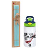 Easter Set, Children's thermal stainless steel bottle with safety straw, green/blue (350ml) & aromatic flat Easter candle (30cm) (TURQUOISE)