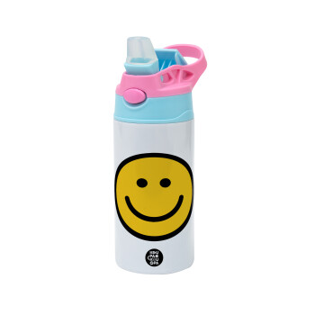 Smile classic, Children's hot water bottle, stainless steel, with safety straw, Pink/BlueCiel (360ml) BPA FREE