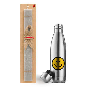 Smile classic, Easter Set, metallic stainless thermos flask (500ml) & scented flat Easter candle (30cm) (GRAY)