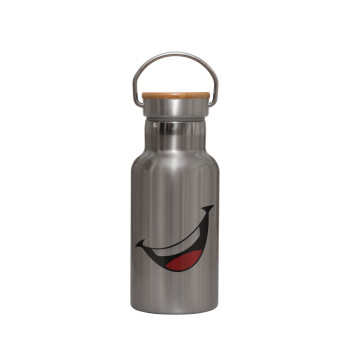 Φατσούλα γελάω!!!, Stainless steel metallic thermos flask, silver with a bamboo lid, double-walled, 350ml.