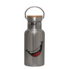 Stainless steel metallic thermos flask, silver with a bamboo lid, double-walled, 350ml.