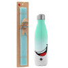 Easter Set, Metallic green/white thermos (Stainless steel), double-walled, 500ml & scented flat Easter candle (30cm) (TURQUOISE)