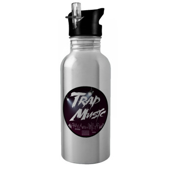 Trap music, Water bottle Silver with straw, stainless steel 600ml