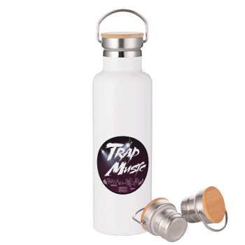 Trap music, Stainless steel White with wooden lid (bamboo), double wall, 750ml