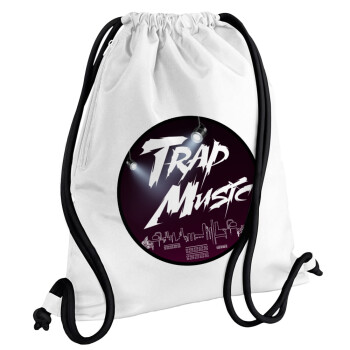 Trap music, Backpack pouch GYMBAG white, with pocket (40x48cm) & thick cords