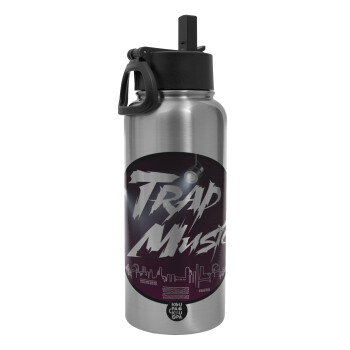 Trap music, Metal mug thermo Silver with Straw and Spout Lid (Stainless steel), double wall, 950ml