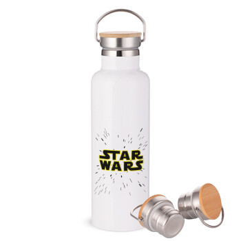 Star Wars, Μεταλλικό παγούρι θερμός (Stainless steel) Λευκό με ξύλινο καπακι (bamboo), διπλού τοιχώματος, 750ml