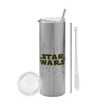 Star Wars, Eco friendly ποτήρι θερμό Ασημένιο (tumbler) από ανοξείδωτο ατσάλι 600ml, με μεταλλικό καλαμάκι & βούρτσα καθαρισμού