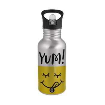 Yum!!!, Water bottle Silver with straw, stainless steel 500ml