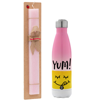 Yum!!!, Easter Set, Metallic pink/white (Stainless steel) thermos, double-walled, 500ml & aromatic flat Easter candle (30cm) (PINK)