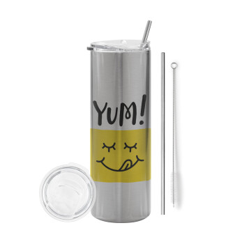 Yum!!!, Eco friendly stainless steel Silver tumbler 600ml, with metal straw & cleaning brush