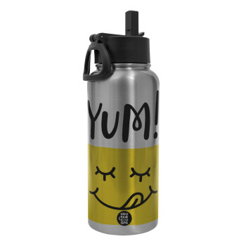 Yum!!!, Metal mug thermo Silver with Straw and Spout Lid (Stainless steel), double wall, 950ml