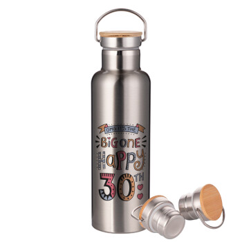 Big one Happy 30th, Stainless steel Silver with wooden lid (bamboo), double wall, 750ml