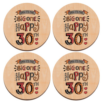 Big one Happy 30th, ΣΕΤ x4 Σουβέρ ξύλινα στρογγυλά plywood (9cm)