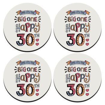 Big one Happy 30th, SET of 4 round wooden coasters (9cm)