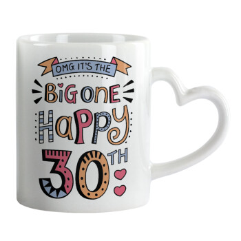 Big one Happy 30th, Mug heart handle, ceramic, 330ml