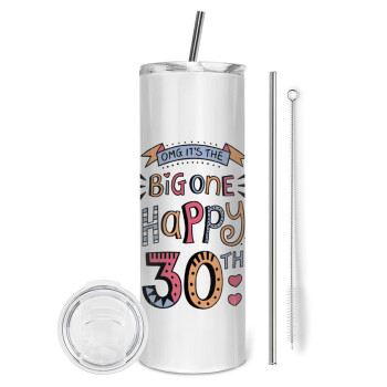 Big one Happy 30th, Eco friendly stainless steel tumbler 600ml, with metal straw & cleaning brush