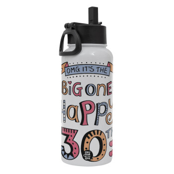 Big one Happy 30th, Metal mug thermo White with Straw and Spout Lid (Stainless steel), double wall, 950ml