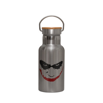 The joker smile, Stainless steel metallic thermos flask, silver with a bamboo lid, double-walled, 350ml.